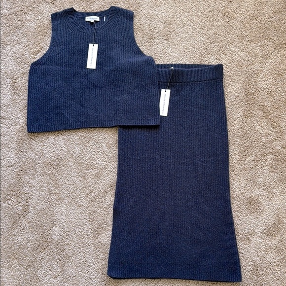 NWT White + Warren Cashmere Ribbed Shell Tank and Midi Pencil Skirt Set Navy - Picture 2 of 10